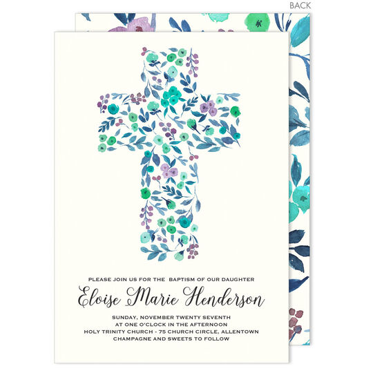 Blue Cross of Buds Baptism Invitations